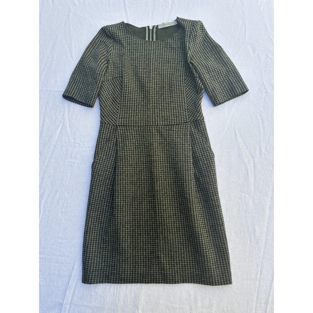 Marella Black Houndstooth Short Sleeve Mini Dress Size 4 Pockets Pleated Front